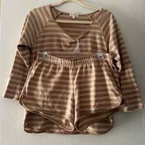 NEW LAKE Pajamas Pima Long-Short Set in Sandstone Triple Stripe